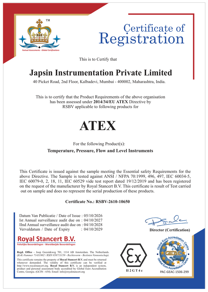 ATEX CERTIFICATE FOR TEMPERATURE, PRESSURE FLOW AND LEVEL GAUGES
2014/34/EU