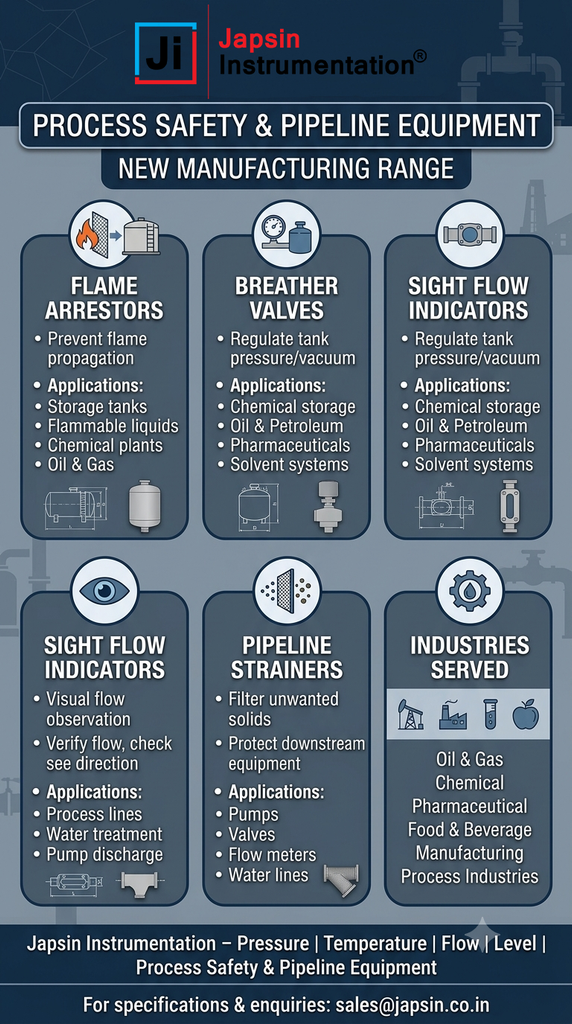 Process Safety & Pipe Equipment
Flame Arrestors, Breather Valves, Sight Flow Indicators, Pipeline Strainers
